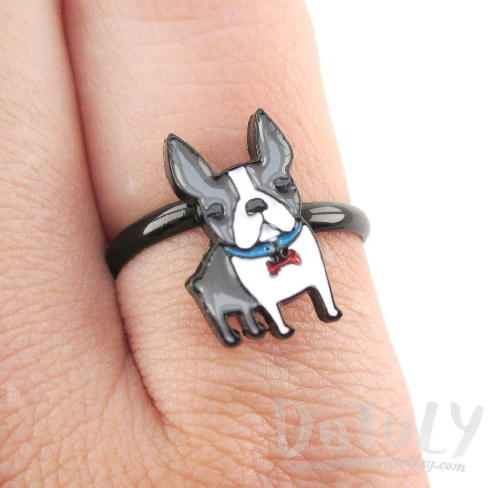 Adorable Boston Terrier Puppy Shaped Adjustable Ring in Grey and white | DOTOLY | DOTOLY