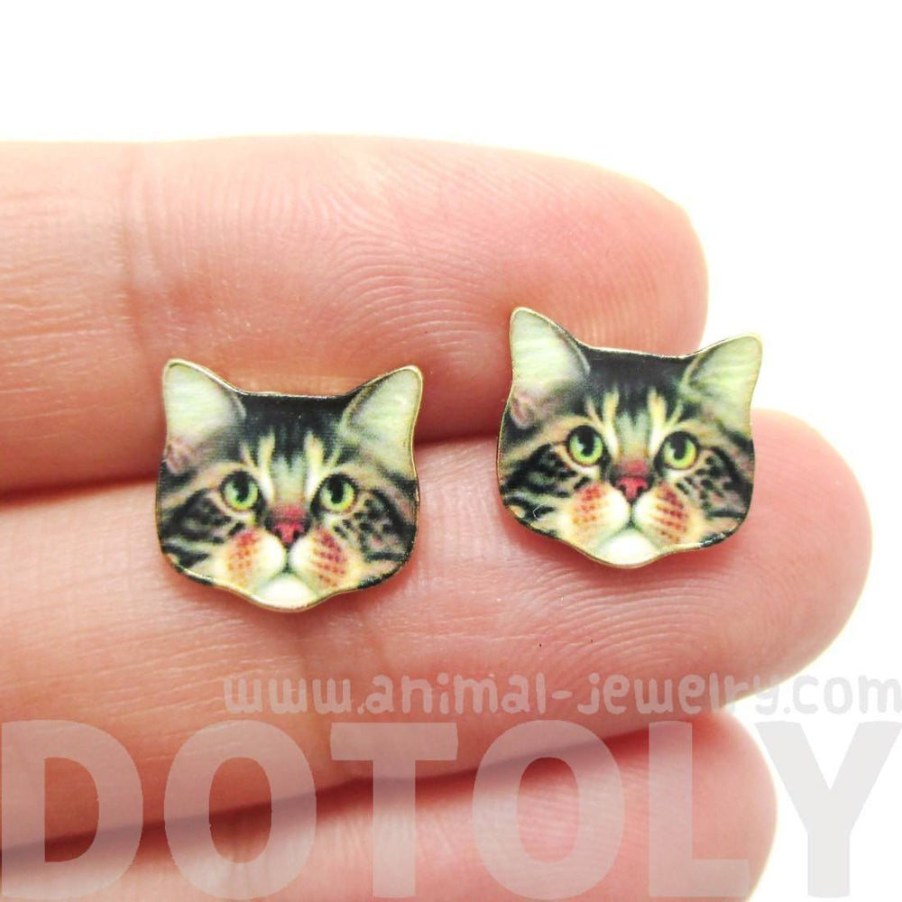 Adorable Brown Tabby Kitty Cat Face Shaped Stud Earrings | Animal Jewelry | DOTOLY