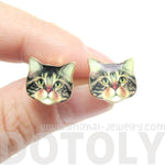 Adorable Brown Tabby Kitty Cat Face Shaped Stud Earrings | Animal Jewelry | DOTOLY