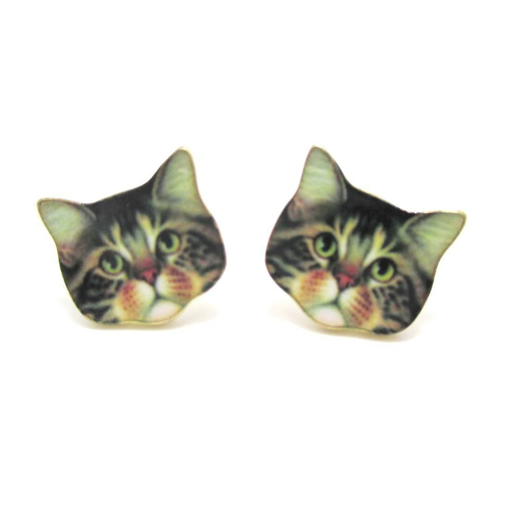 Adorable Brown Tabby Kitty Cat Face Shaped Stud Earrings | Animal Jewelry | DOTOLY