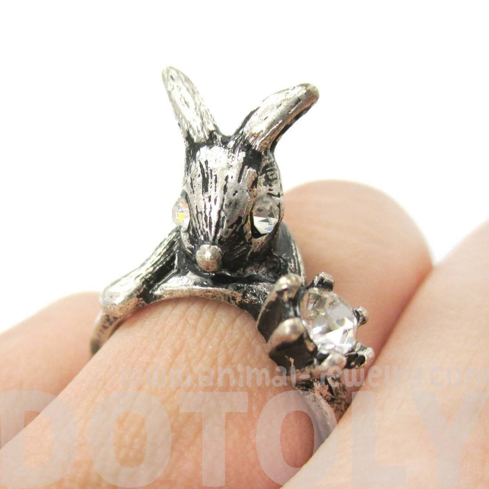 Adorable Bunny Rabbit Shaped Animal Inspired Ring in Silver with Rhinestones | US Size 6 | DOTOLY