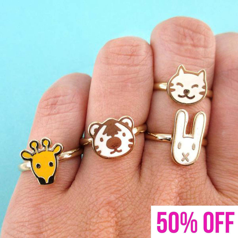 Cute Bunny Tiger Giraffe Cat Shaped 4 Piece Adjustable Animal Ring Set