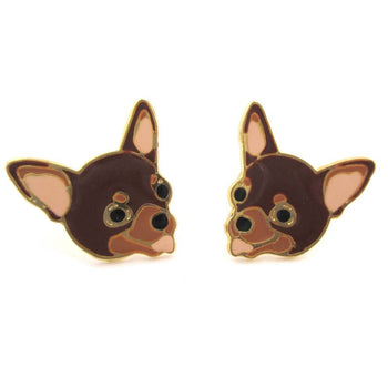 Adorable Chihuahua Puppy Dog Face Shaped Stud Earrings in Brown | Limited Edition | DOTOLY
