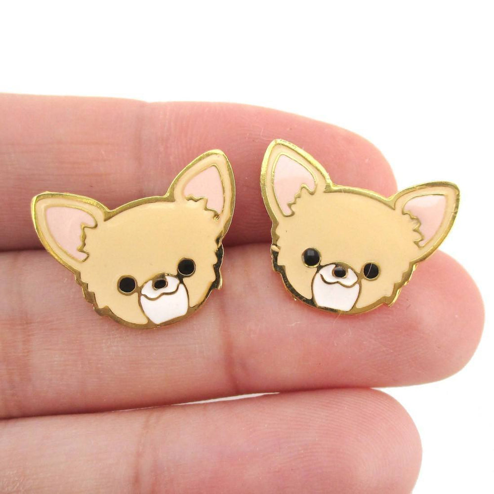 Adorable Chihuahua Puppy Dog Face Shaped Stud Earrings in Tan | Limited Edition | DOTOLY