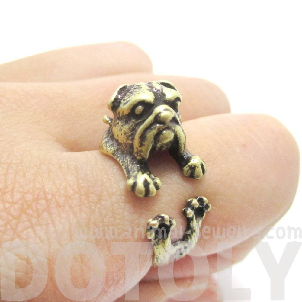 Adorable English Bulldog Puppy Dog Animal Wrap Around Ring in Brass | Sizes 6 to 9 | DOTOLY