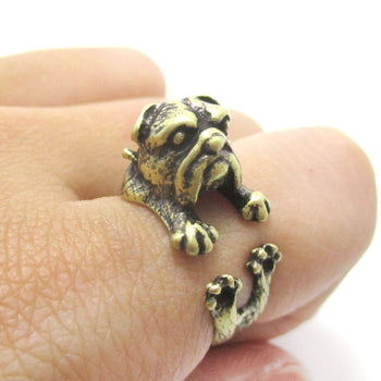 Adorable English Bulldog Puppy Dog Animal Wrap Around Ring in Brass | Sizes 6 to 9 | DOTOLY