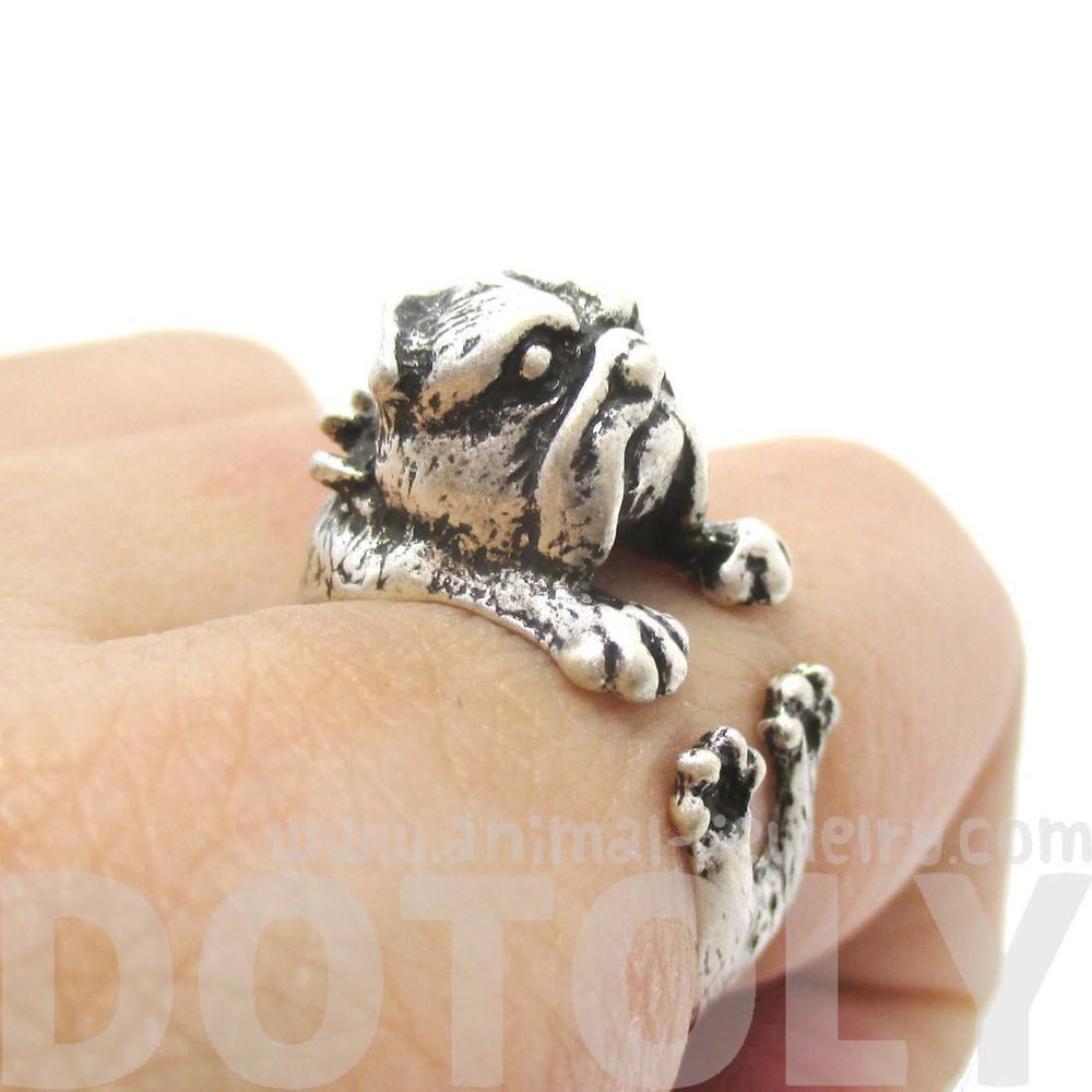 Adorable English Bulldog Puppy Dog Animal Wrap Around Ring in Silver | Sizes 6 to 9 | DOTOLY