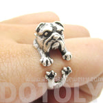 Adorable English Bulldog Puppy Dog Animal Wrap Around Ring in Silver | Sizes 6 to 9 | DOTOLY