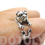 Adorable English Bulldog Puppy Dog Animal Wrap Around Ring in Silver | Sizes 6 to 9 | DOTOLY