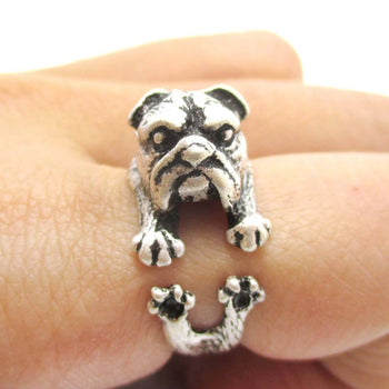 Adorable English Bulldog Puppy Dog Animal Wrap Around Ring in Silver | Sizes 6 to 9 | DOTOLY