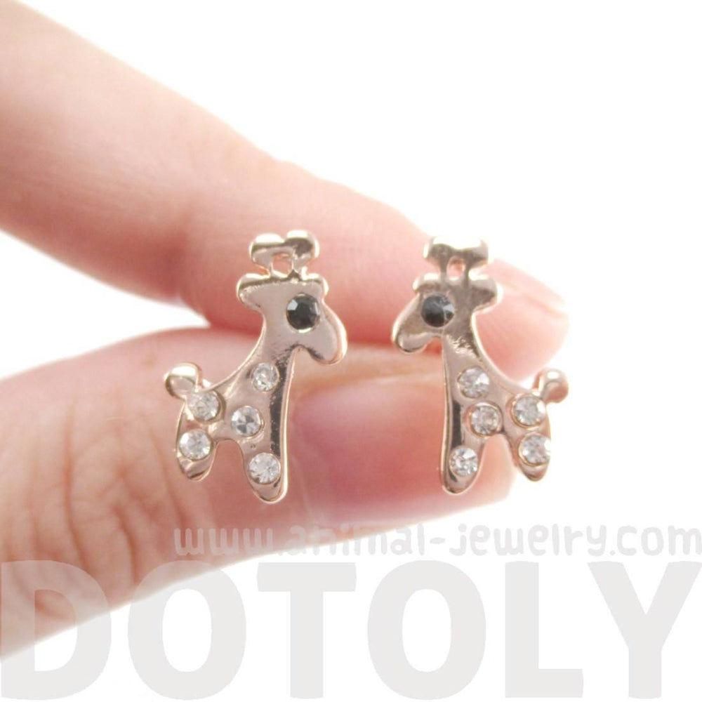 Adorable Giraffe Shaped Stud Earrings in Rose Gold with Rhinestones | DOTOLY