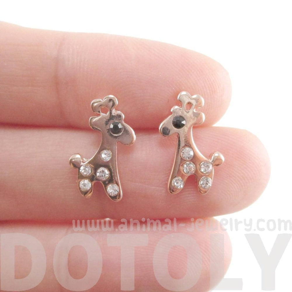 Adorable Giraffe Shaped Stud Earrings in Rose Gold with Rhinestones | DOTOLY