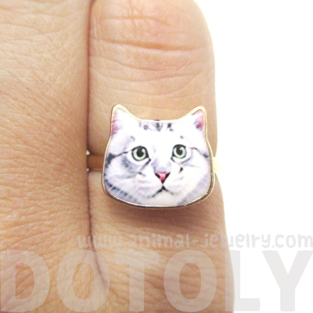 Adorable Grey Tabby Kitty Cat Face Shaped Adjustable Ring | Animal Jewelry | DOTOLY