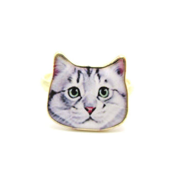Adorable Grey Tabby Kitty Cat Face Shaped Adjustable Ring | Animal Jewelry | DOTOLY