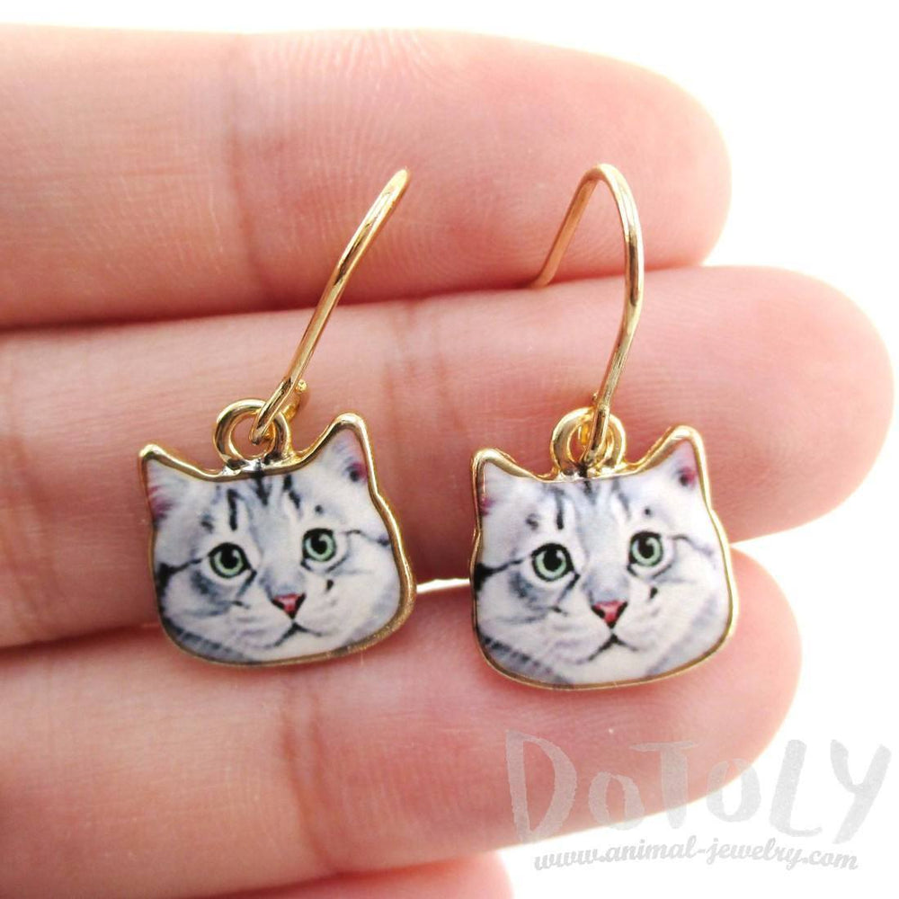 Adorable Grey Tabby Kitty Cat Face Shaped Dangle Drop Earrings | Animal Jewelry | DOTOLY