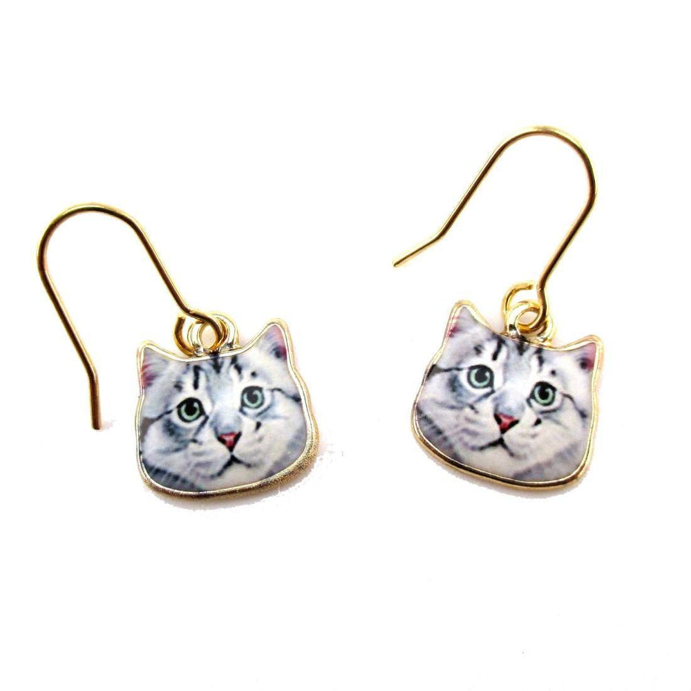 Adorable Grey Tabby Kitty Cat Face Shaped Dangle Drop Earrings | Animal Jewelry | DOTOLY