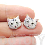 Adorable Grey Tabby Kitty Cat Face Shaped Stud Earrings | Animal Jewelry | DOTOLY