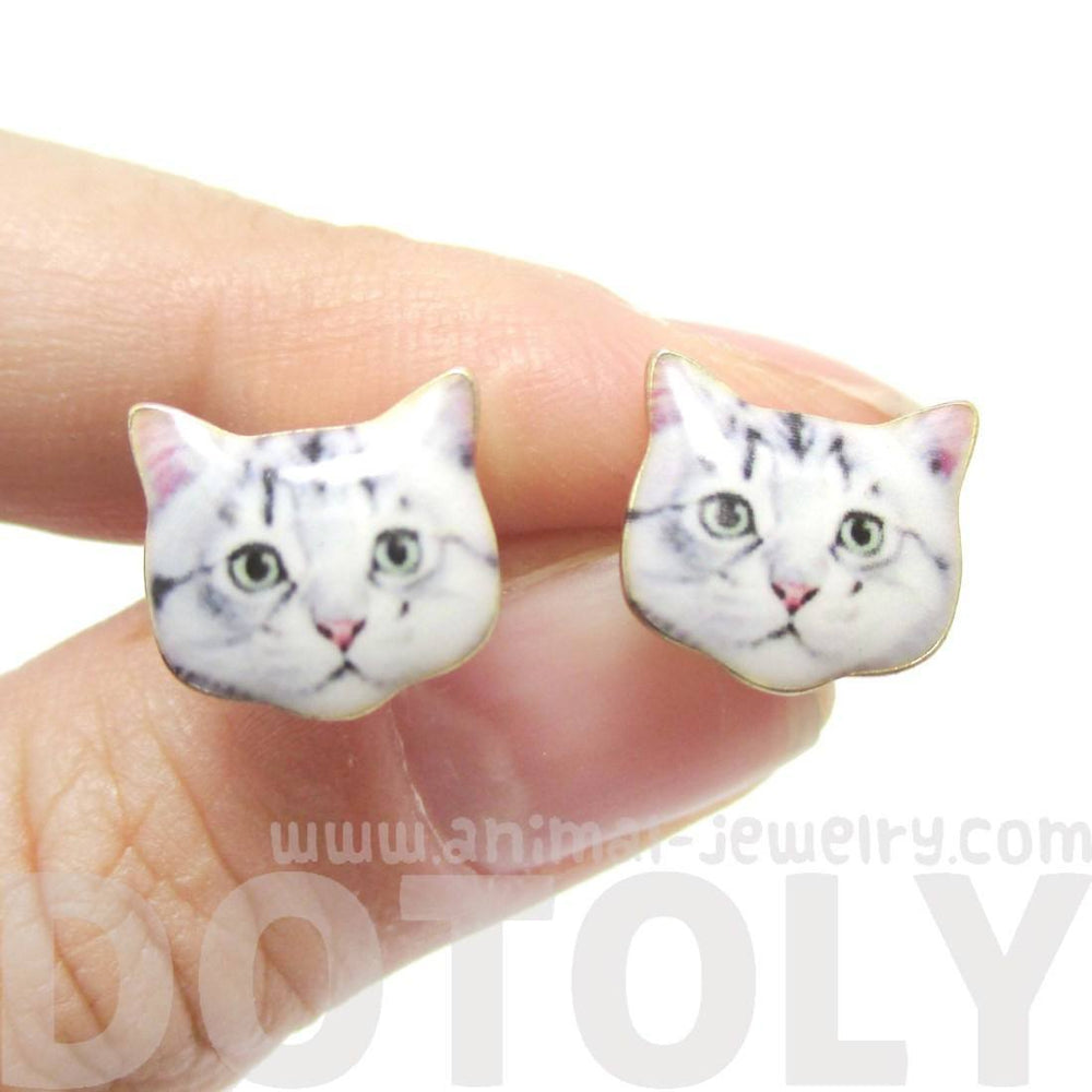 Adorable Grey Tabby Kitty Cat Face Shaped Stud Earrings | Animal Jewelry | DOTOLY