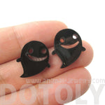 Adorable Happy Smiley Ghost Shaped Laser Cut Statement Stud Earrings in Black Acrylic | DOTOLY