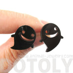 Adorable Happy Smiley Ghost Shaped Laser Cut Statement Stud Earrings in Black Acrylic | DOTOLY