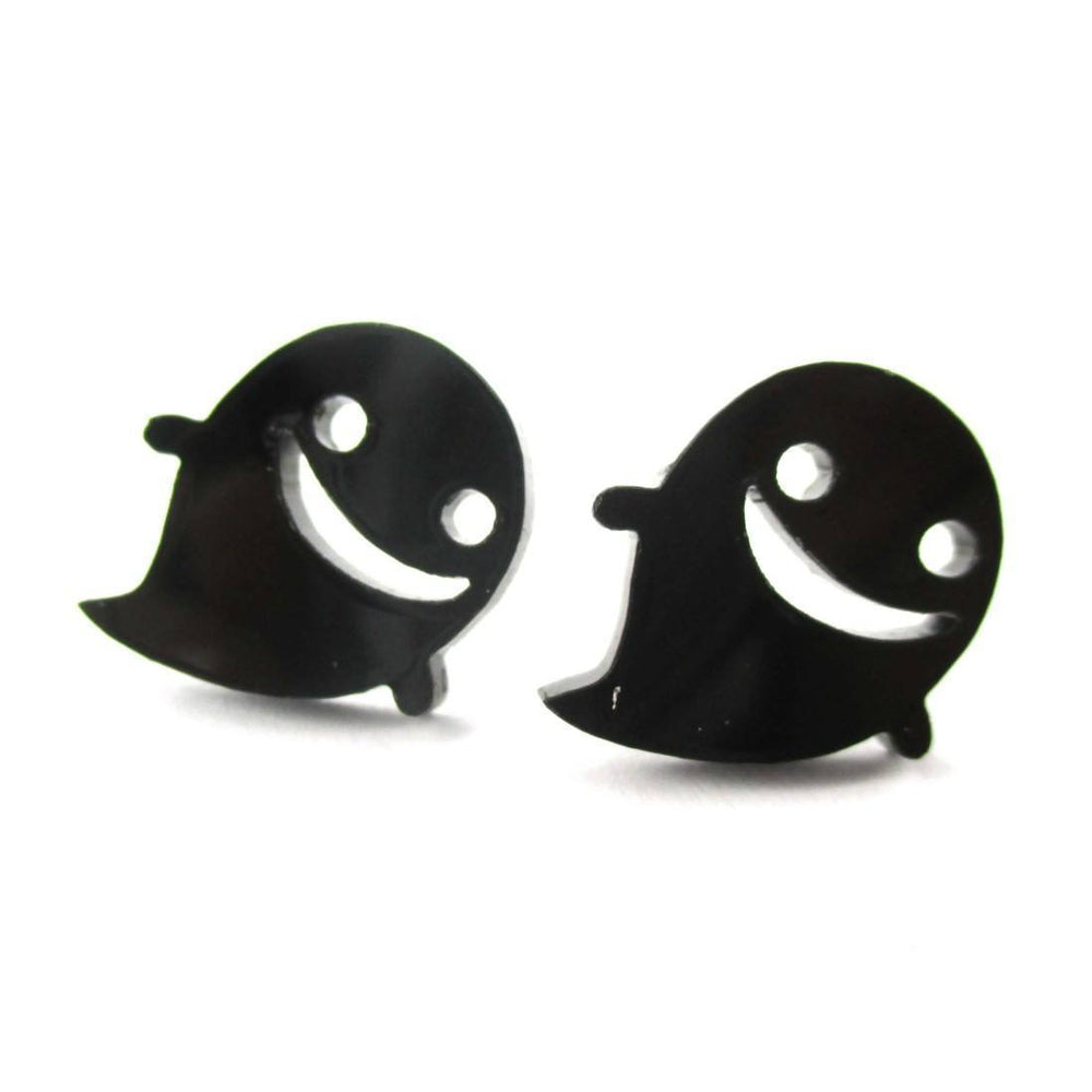 Adorable Happy Smiley Ghost Shaped Laser Cut Statement Stud Earrings in Black Acrylic | DOTOLY