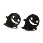 Adorable Happy Smiley Ghost Shaped Laser Cut Statement Stud Earrings in Black Acrylic | DOTOLY