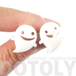 Adorable Happy Smiley Ghost Shaped Laser Cut Statement Stud Earrings in White Acrylic | DOTOLY