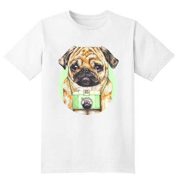 Adorable Hipster Pug Photographer Illustrated Graphic Print T-Shirt | DOTOLY | DOTOLY