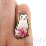 Adorable Illustrated Kitty Cat Adjustable Ring in White with Pink Tail | DOTOLY | DOTOLY