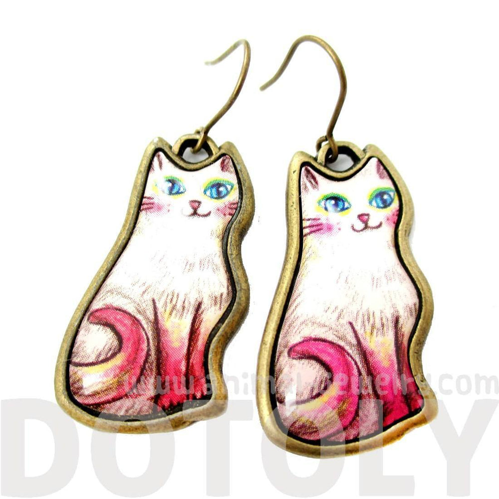 Adorable Illustrated Kitty Cat Animal Dangle Earrings in White with Pink Tail | DOTOLY | DOTOLY