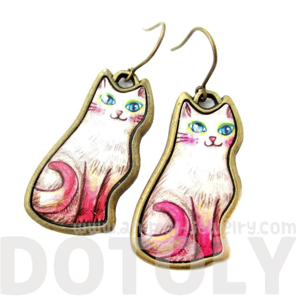 Adorable Illustrated Kitty Cat Animal Dangle Earrings in White with Pink Tail | DOTOLY | DOTOLY