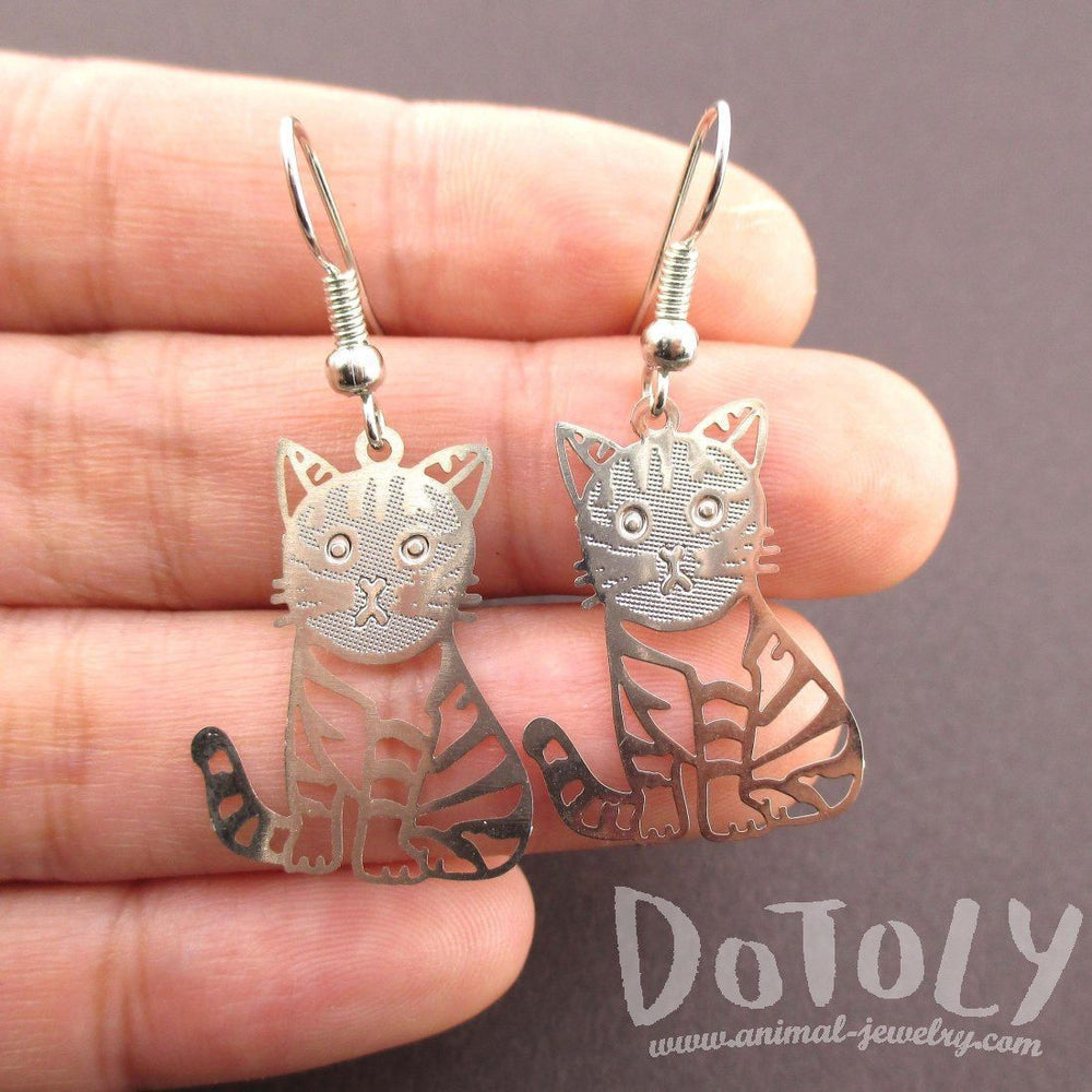 Adorable Kawaii Striped Kitty Cat Cut Out Shaped Dangle Earrings in Gold | DOTOLY | DOTOLY