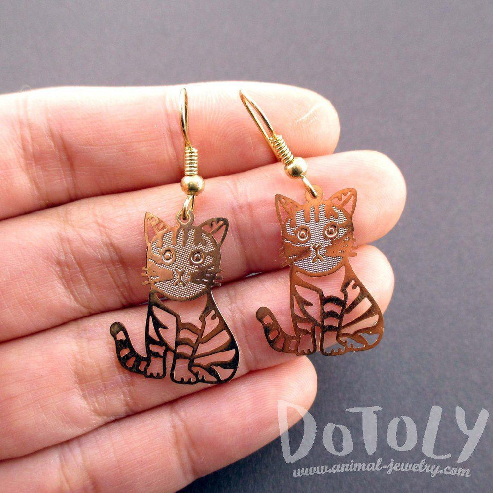 Adorable Kawaii Striped Kitty Cat Cut Out Shaped Dangle Earrings in Gold | DOTOLY | DOTOLY