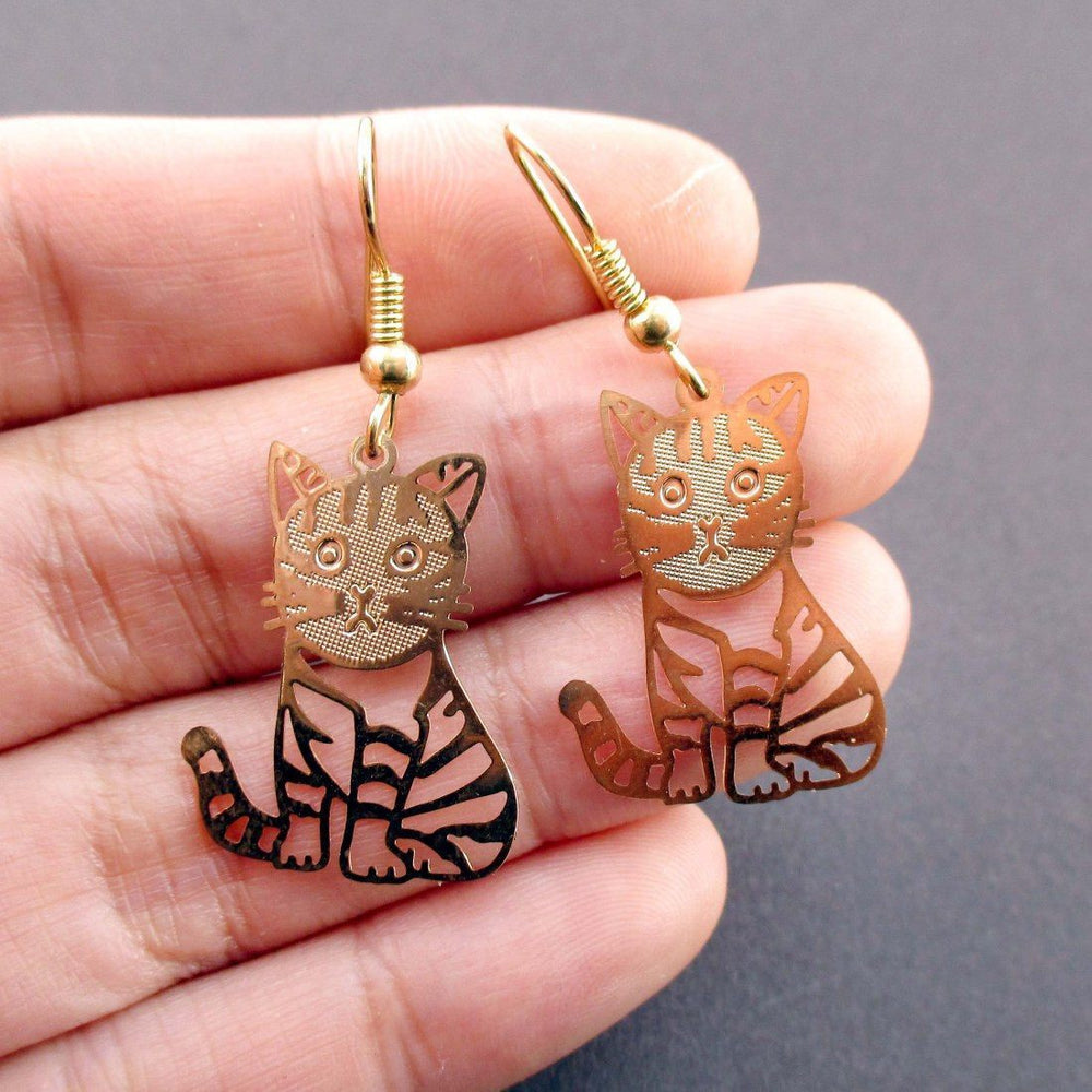 Adorable Kawaii Striped Kitty Cat Cut Out Shaped Dangle Earrings in Gold | DOTOLY | DOTOLY