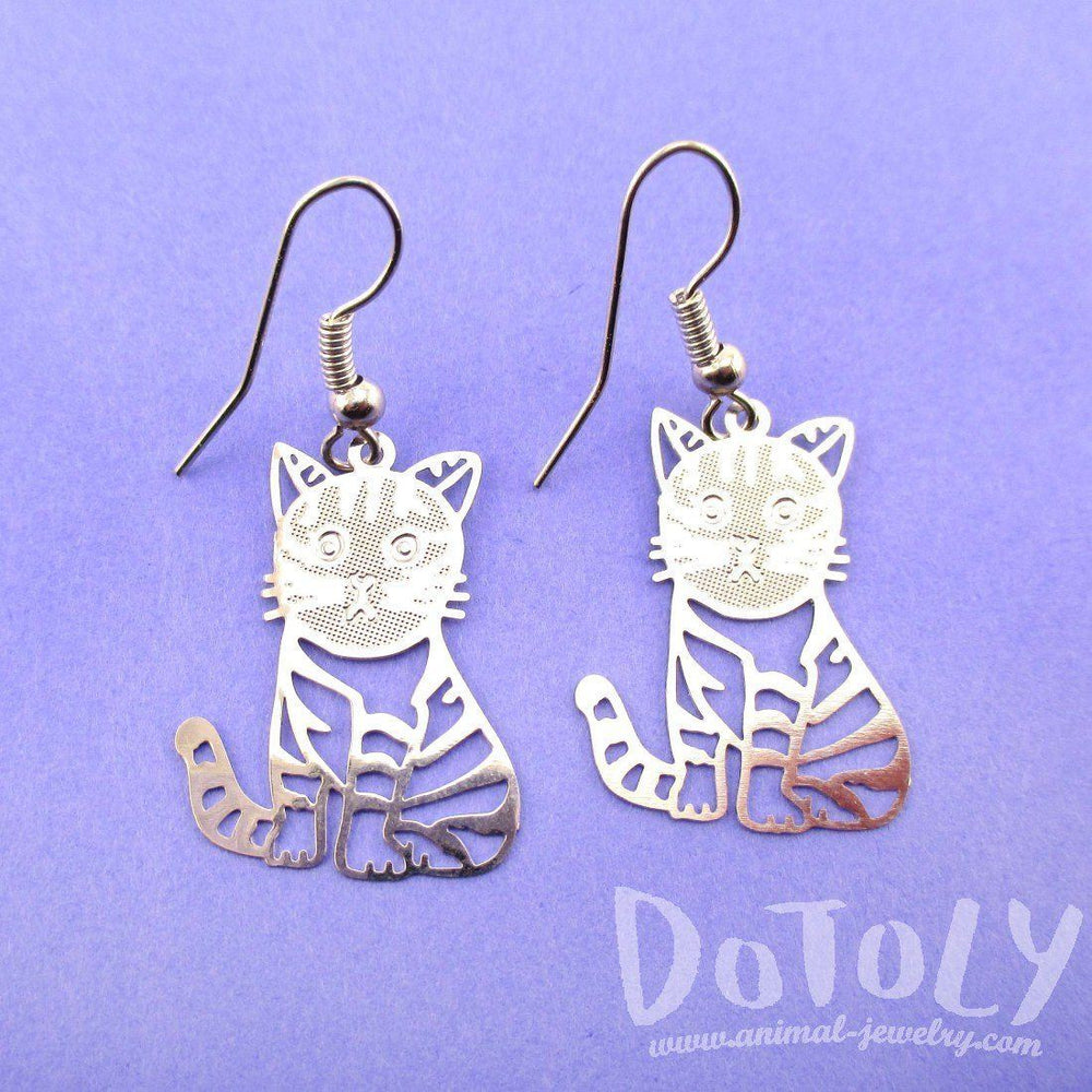 Adorable Kawaii Striped Kitty Cat Cut Out Shaped Dangle Earrings in Silver | DOTOLY | DOTOLY