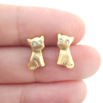Adorable Kitty Cat Animal Shaped Stud Earrings in Gold with Rhinestones | DOTOLY | DOTOLY