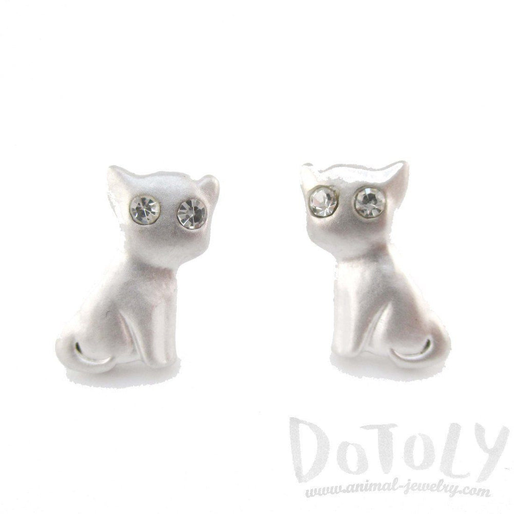 Adorable Kitty Cat Animal Shaped Stud Earrings in Silver with Rhinestones | DOTOLY | DOTOLY