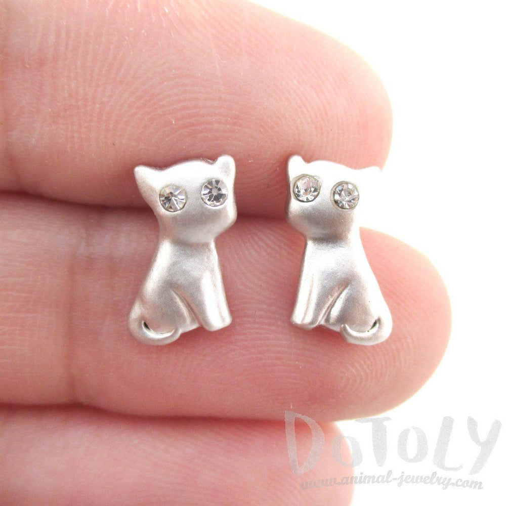 Adorable Kitty Cat Animal Shaped Stud Earrings in Silver with Rhinestones | DOTOLY | DOTOLY