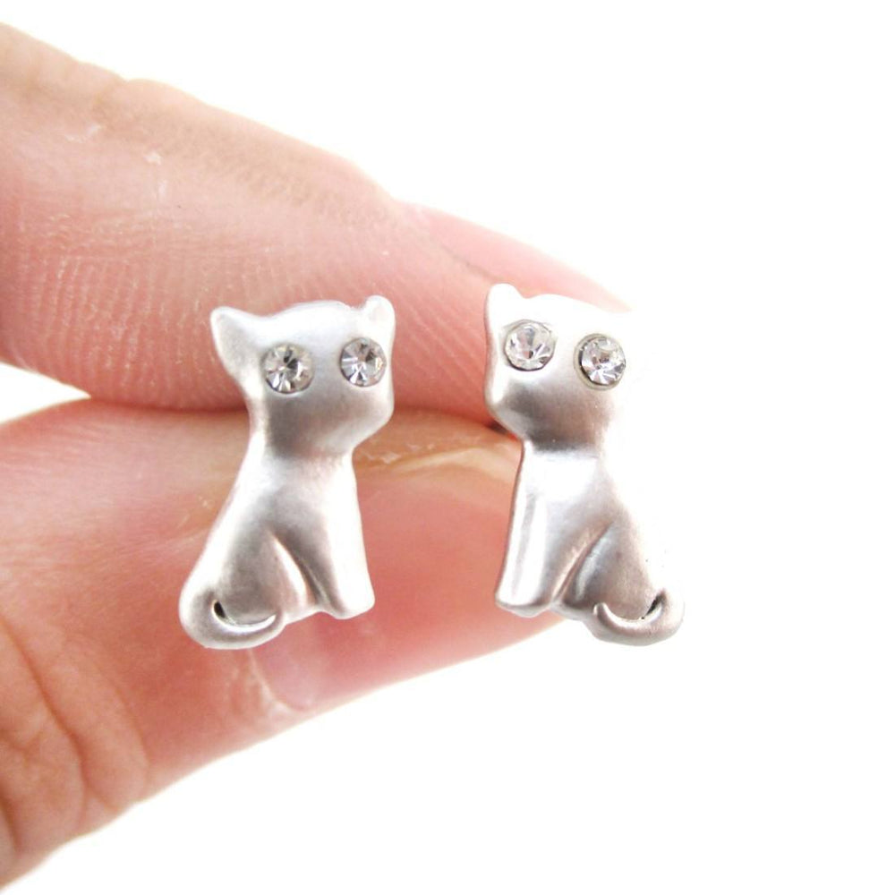 Adorable Kitty Cat Animal Shaped Stud Earrings in Silver with Rhinestones | DOTOLY | DOTOLY