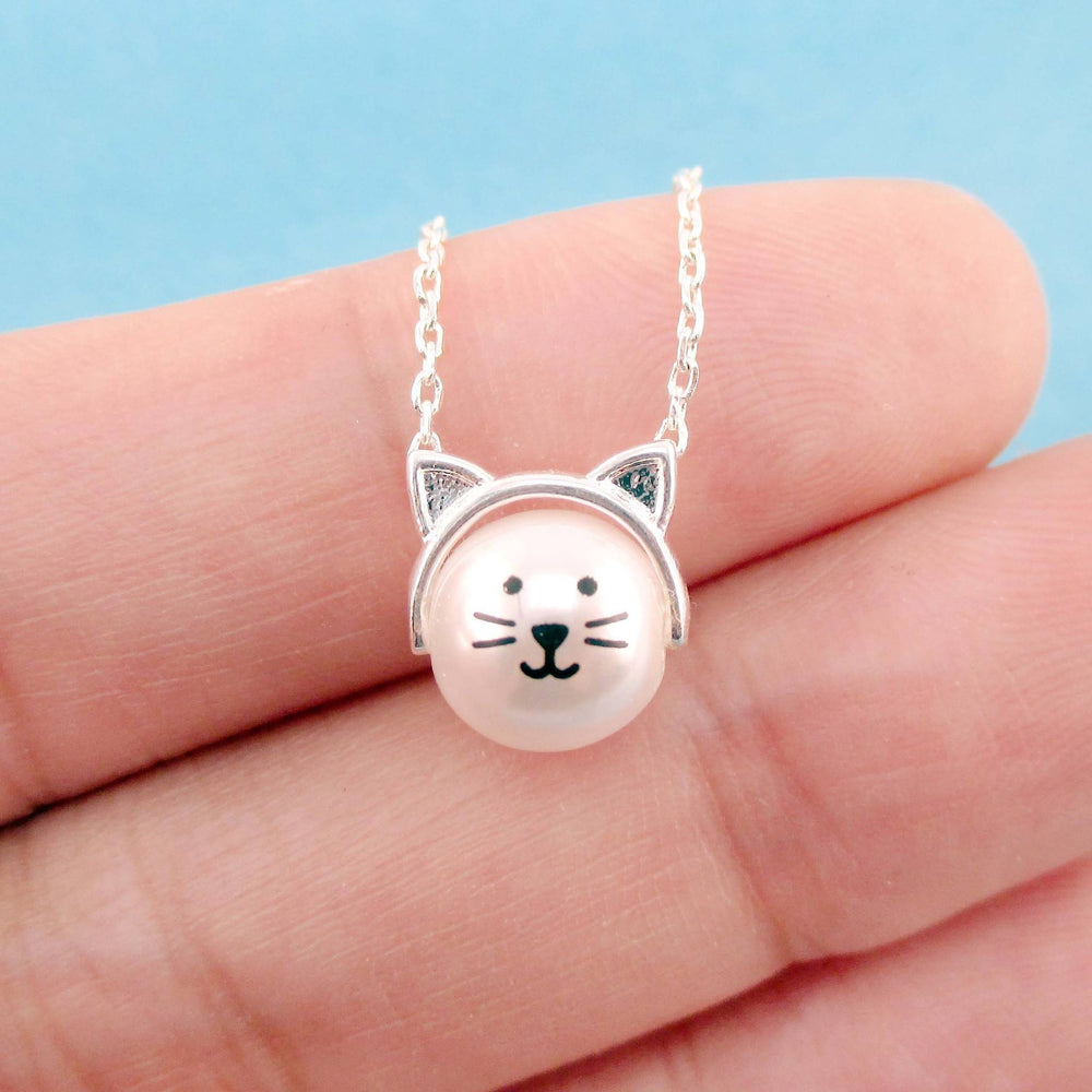 Adorable Kitty Cat Face Shaped Pearl Pendant Necklace in Silver | DOTOLY | DOTOLY