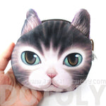 Adorable Kitty Cat Face Shaped Soft Fabric Zipper Coin Purse Make Up Bag with Green Eyes | DOTOLY