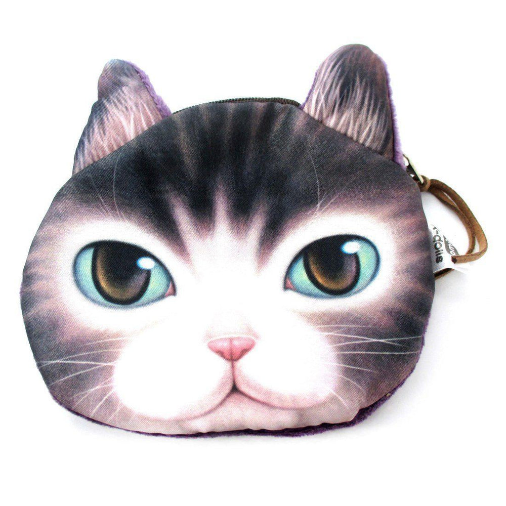 Adorable Kitty Cat Face Shaped Soft Fabric Zipper Coin Purse Make Up Bag with Green Eyes | DOTOLY