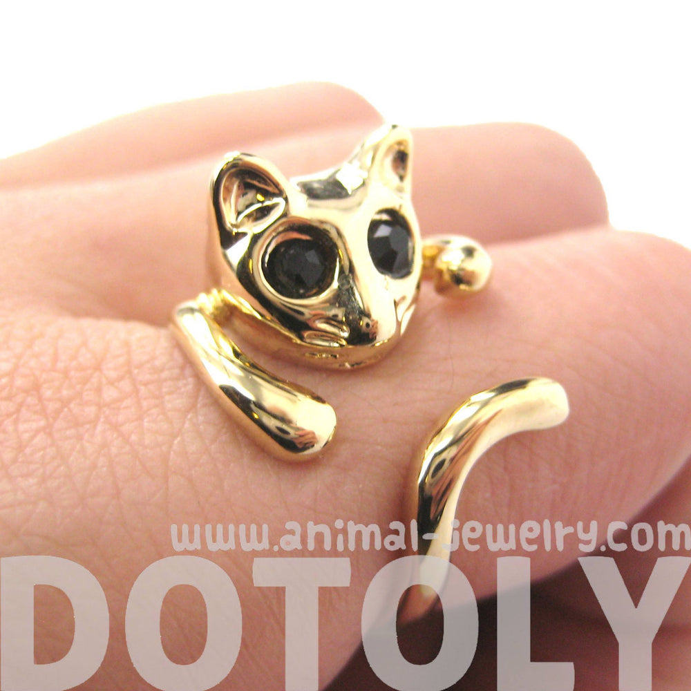 Adorable Kitty Cat Shaped Animal Wrap Ring in Shiny Gold | US Sizes 7 to 9 | DOTOLY