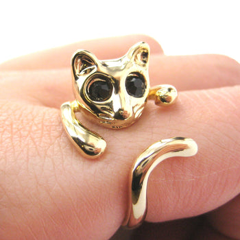 Adorable Kitty Cat Shaped Animal Wrap Ring in Shiny Gold | US Sizes 7 to 9 | DOTOLY