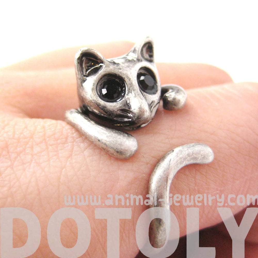 Adorable Kitty Cat Shaped Animal Wrap Ring in Silver | US Sizes 7 to 9 | DOTOLY