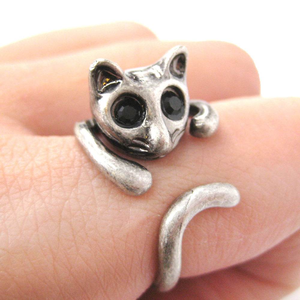 Adorable Kitty Cat Shaped Animal Wrap Ring in Silver | US Sizes 7 to 9 | DOTOLY