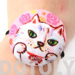 Adorable Kitty Cat with Pink Roses Button Hair Tie Pony Tail Holder | DOTOLY