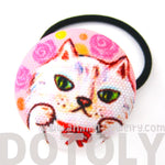 Adorable Kitty Cat with Pink Roses Button Hair Tie Pony Tail Holder | DOTOLY