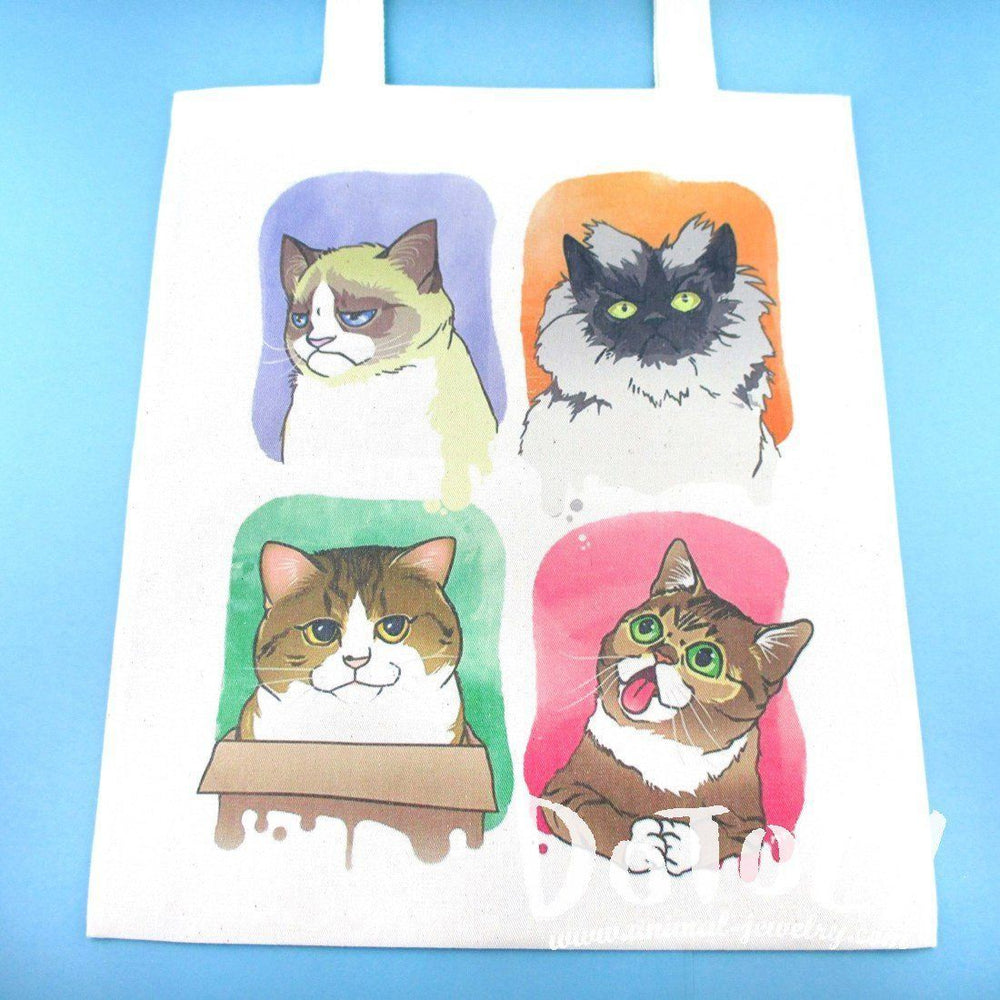 Adorable Kitty Cats Watercolor Print Illustrated Canvas Tote Bag