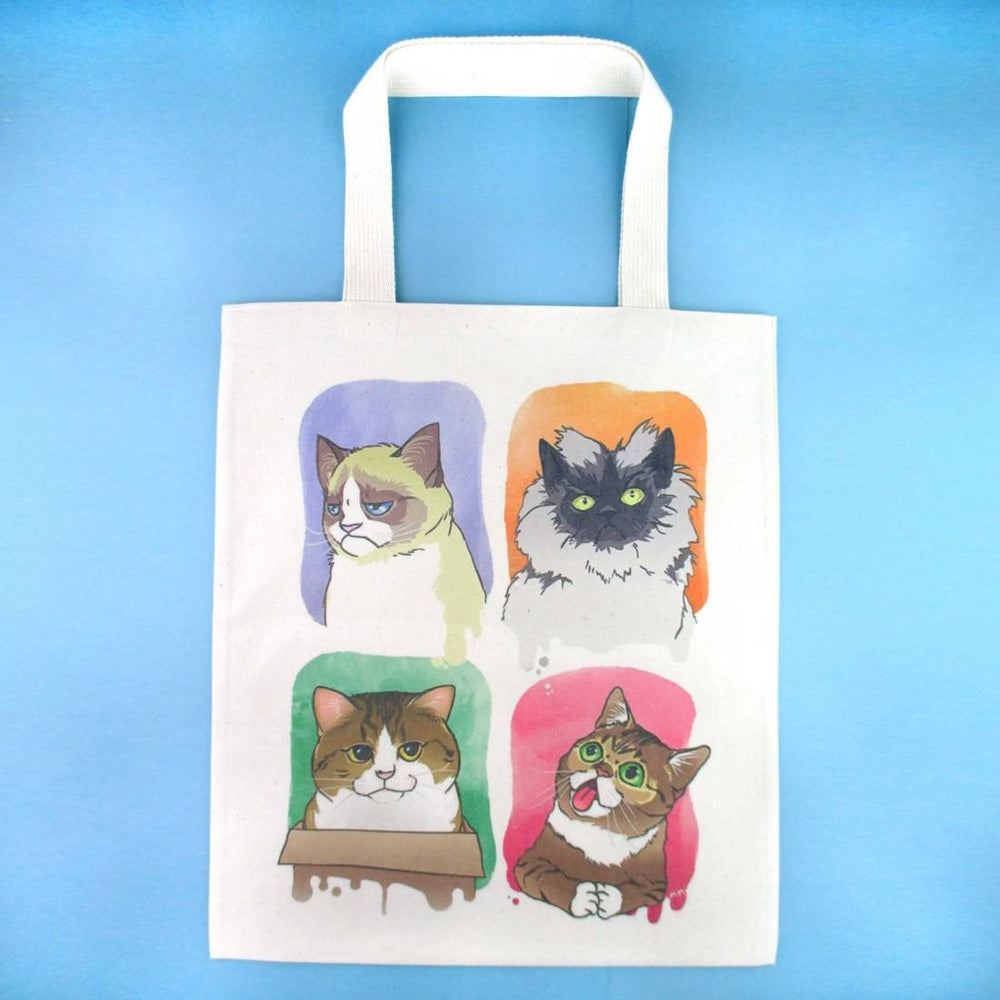 Adorable Kitty Cats Watercolor Print Illustrated Canvas Tote Bag